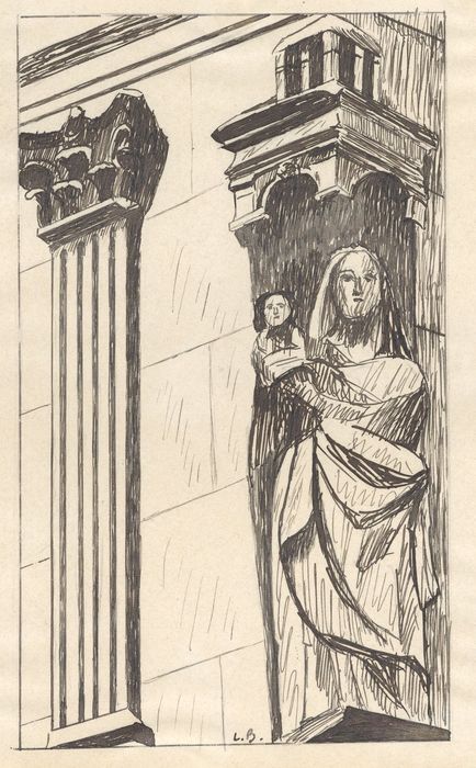 détail de la niche d’angle, statue : Vierge à l’Enfant (dessin : encre sur papier)