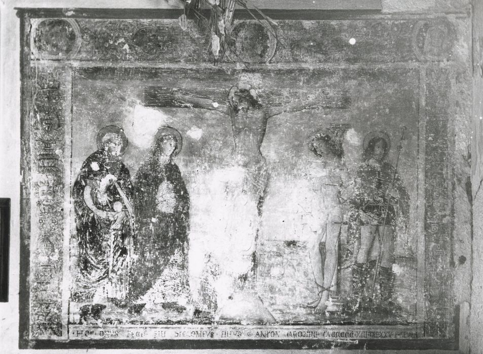 peinture monumentale : Le Christ en Croix entre la Vierge, saint Antoine, saint Sébastien, saint Roch et un donateur