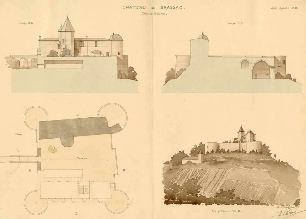 coupes, plan, vue générale (dessin : encre sur papier)