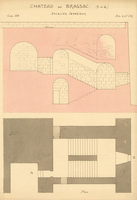 escalier inférieur, coup et plan (dessin : encre sur papier)