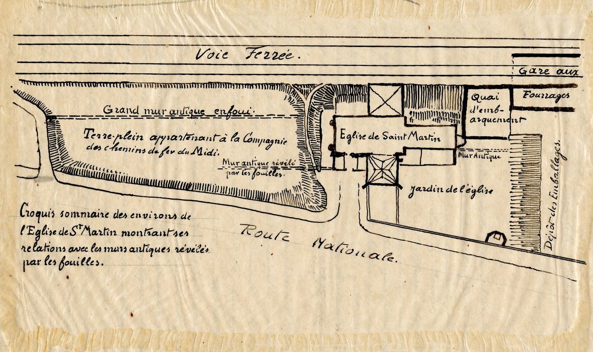 Plan des bâtiments sur site (dessin : encre sur calque)