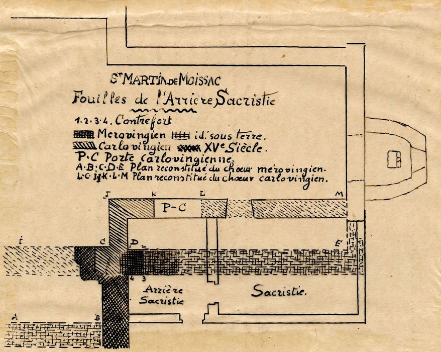 plan de fouilles de l’arrière de la sacristie (dessin : encre sur calque)