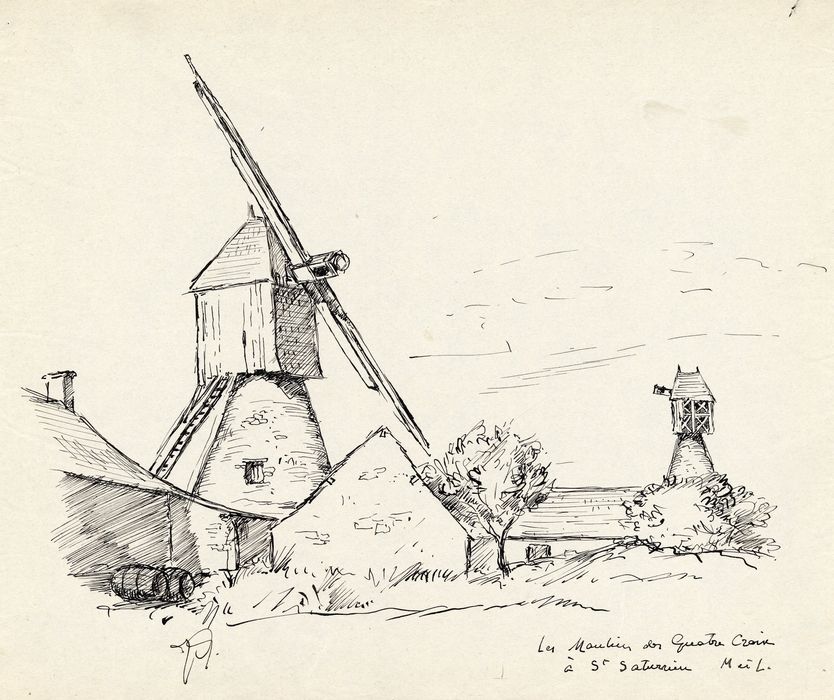 vue générale des moulins (dessin : encre sur papier)