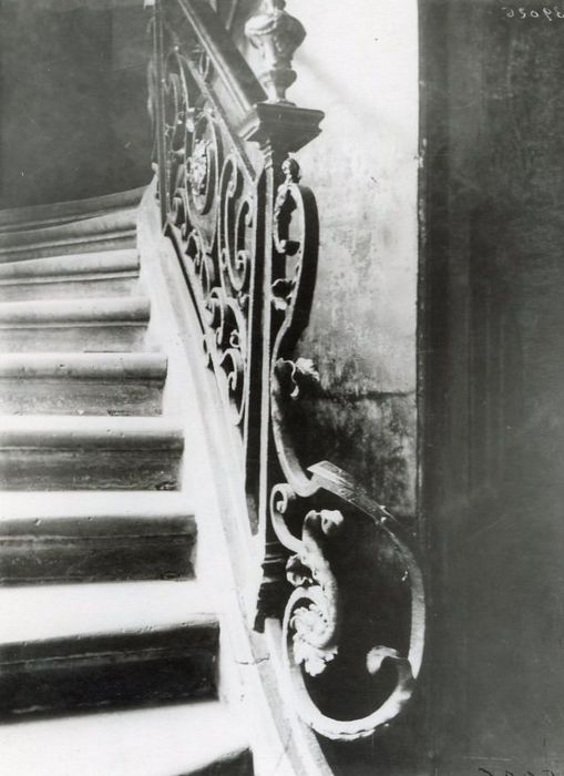 escalier monumental, rampe en fer forgé, détail