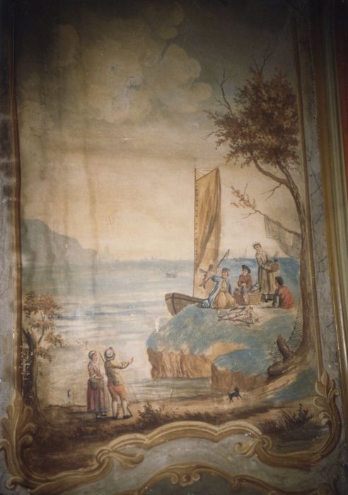 salon, toile insérée dans des lambris de revêtement, détail