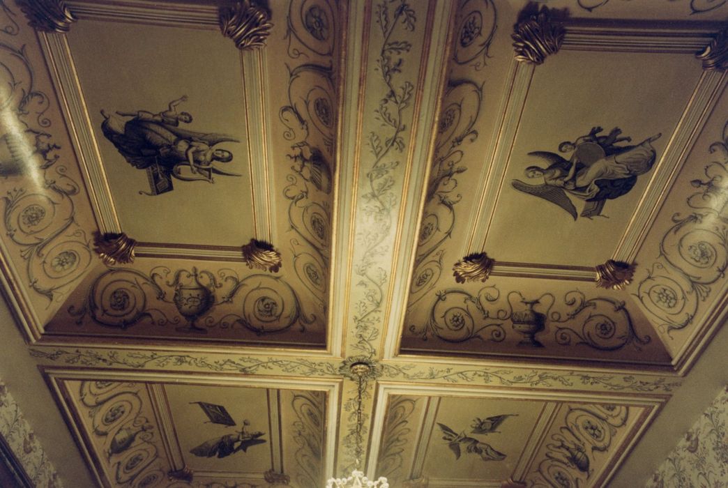 1er étage, salle nord-ouest, vue générale du plafond à caissons