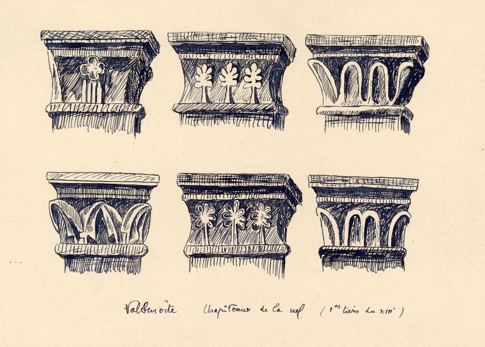 chapiteaux et modillons sculptés (dessin : encre sur papier)