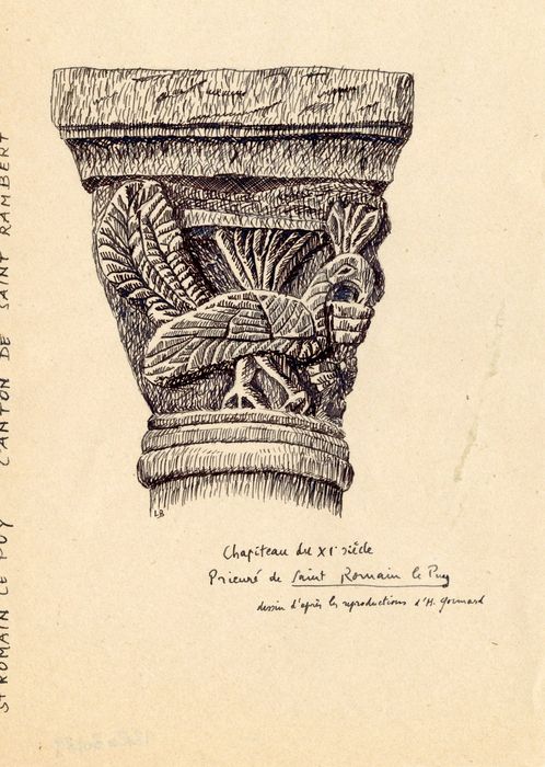 détail d’un chapiteau sculpté (dessin : encre sur papier)