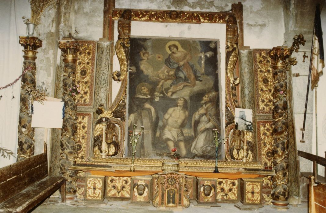 retable (fragments), tableau : Vierge, saint Sébastien, saint Pape, saint dominicain