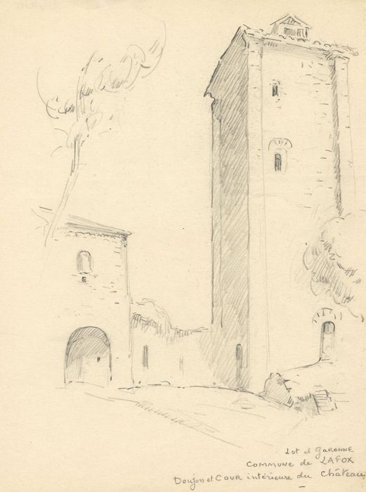 donjon, élévations sud et est (dessin : crayon sur papier)