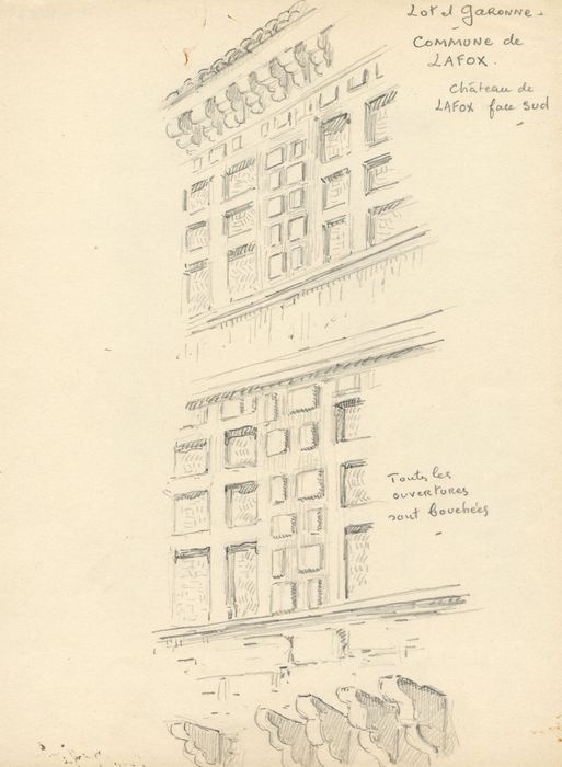 façade sud, détail (dessin : crayon sur papier)