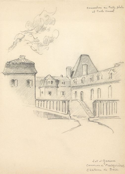 vue partielle des façades depuis l’Est (dessin : crayon sur papier)