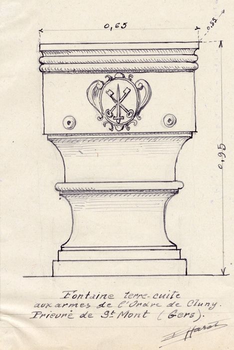 fontaine de la cour intérieure aux armes de l’Ordre de Cluny (dessin : encre sur papier)