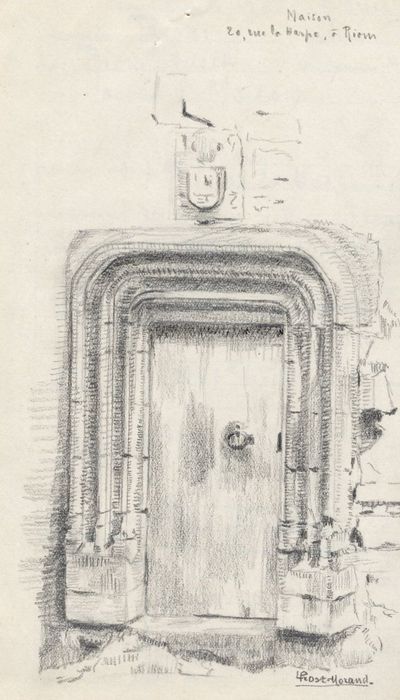 façade sur rue, porte d’accès (dessin : crayon sur papier)