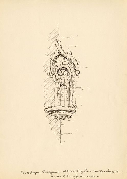 détail de la niche à l’angle des façades sur rues (dessin : encre sur papier)