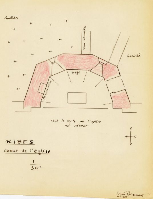 chevet, emplacement des peintures monumentales (fragments) (dessin : encre sur calque)