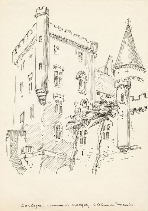 donjon, élévations sud et ouest (dessin : encre sur papier)