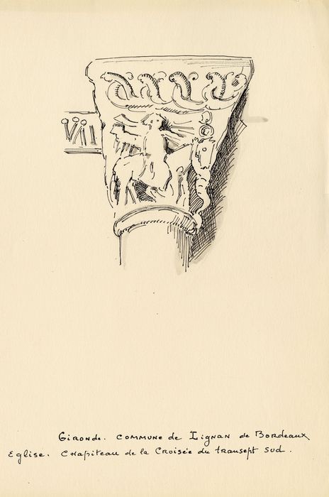 détail du chapiteau de la croisée du transept nord (dessin : encre sur papier)
