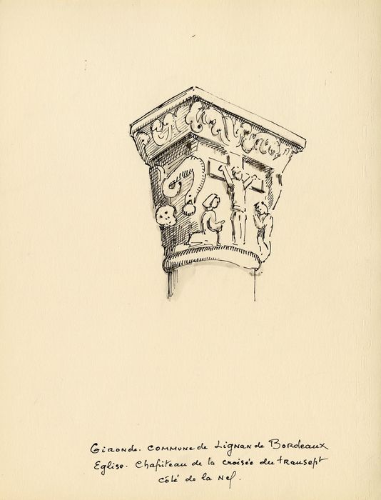 détail d’un chapiteau de la nef (dessin : encre sur papier)