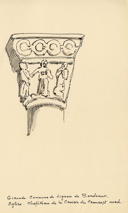détail du chapiteau de la croisée du transept nord (dessin : encre sur papier)