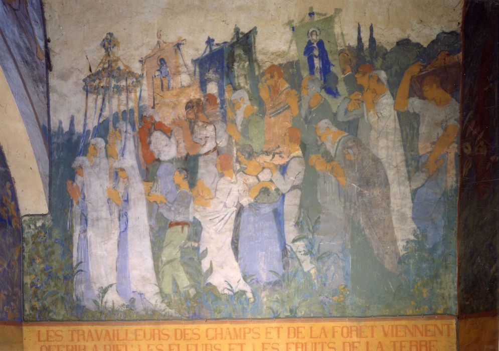 peinture monumentale : Vie chrétienne et les travaux champêtres de la population de Grosrouvre (La), détail d’une procession