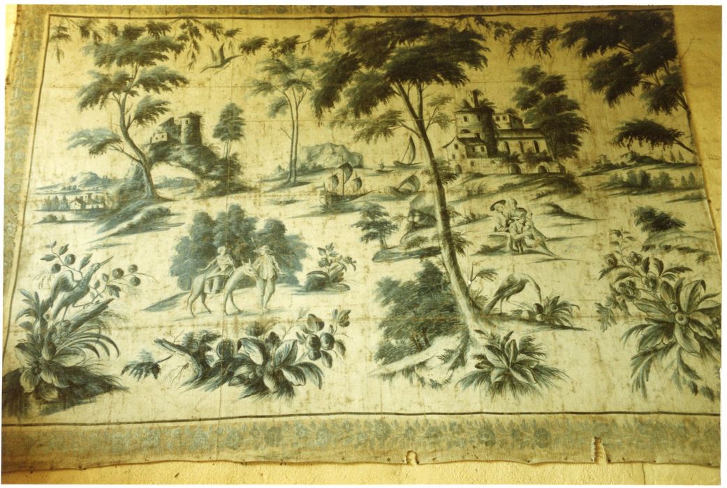 toile peinte avec hommes entouré de végétaux, d’oiseaux, d’architectures et d’un bateau