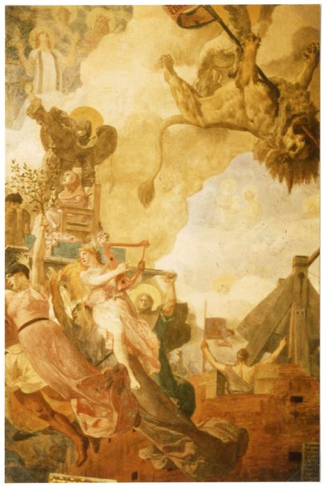salle des Illustres, détail du décor (Glorification de la femme qui lança la pierre meurtrière de Simon de Montfort)