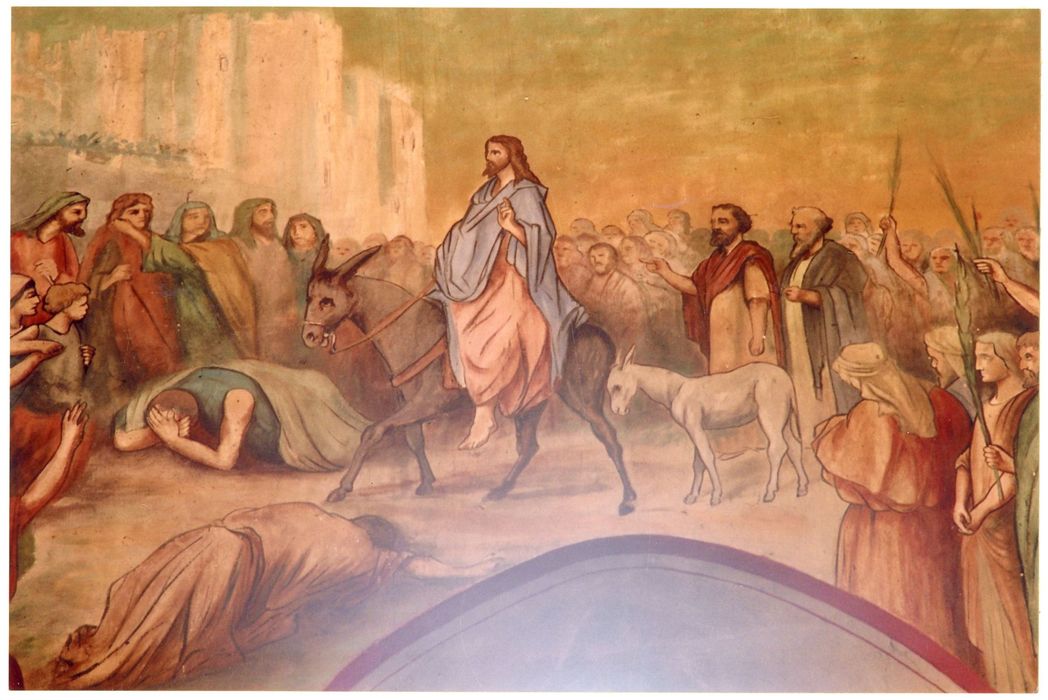 nef, mur gouttereau sud, peinture monumentale : Entrée du Christ dans Jérusalem, vue partielle