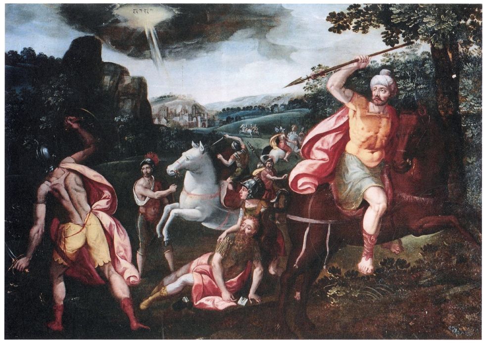 cheminée de la grande salle, détail du tableau ornant la hotte : Conversion de saint Paul (la)