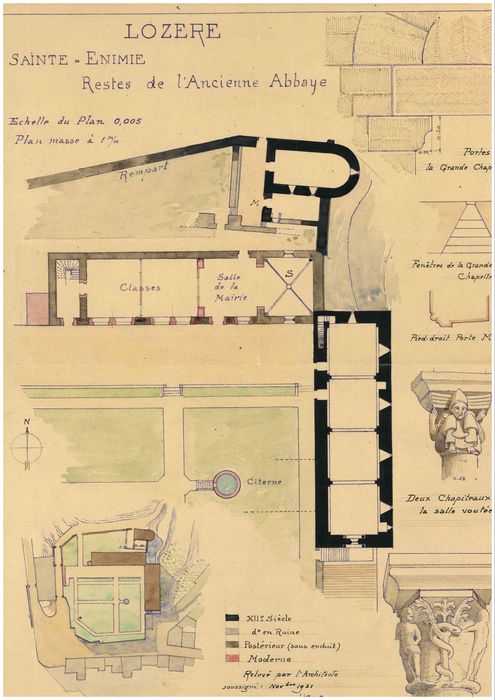 plan, détails de chapiteaux sculptés (dessin : encre sur papier)
