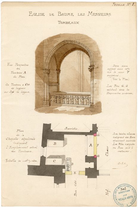 tombeau d'Amé de Chalon, abbé de Baume ; plan de la chapelle sépulcrale (dessin : aquarelle)