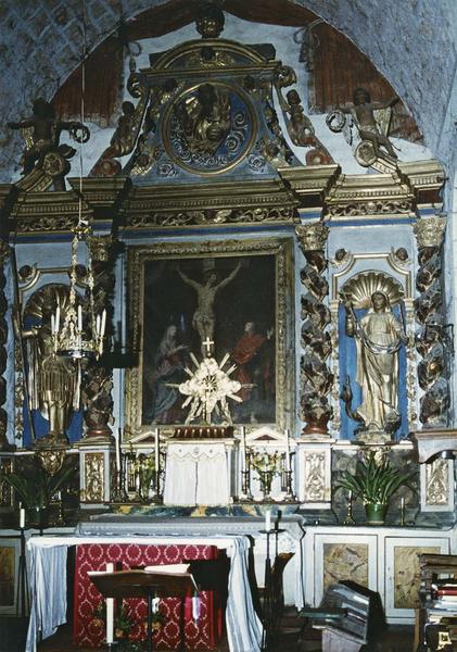 retable, tableau, deux statues (maître-autel) : la crucifixion, saint Maurice, sainte Quitterie