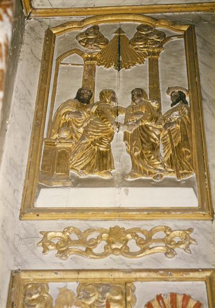 panneaux du retable du  maître-autel, quatre bas-reliefs : la Visitation, détail