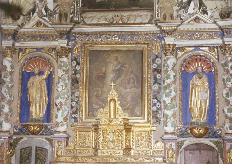 retable, tabernacle, exposition, tableau, deux statues (maître-autel) : la transfiguration, saint Pierre, saint Paul, détail - © Ministère de la Culture (France), Médiathèque du patrimoine et de la photographie (objets mobiliers), tous droits réservés