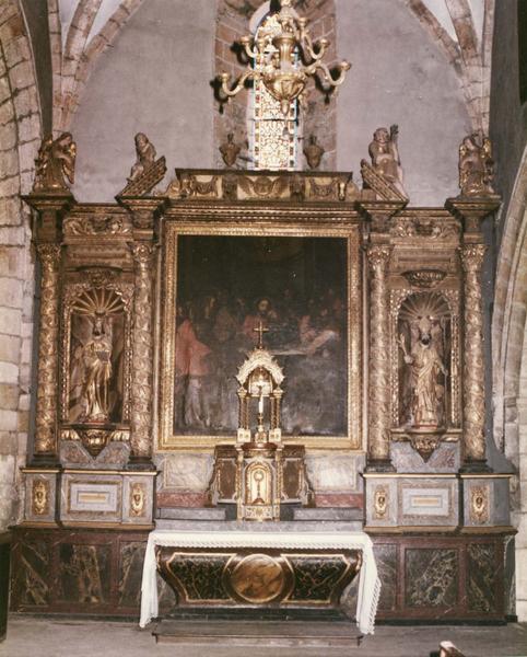 retable, tableau, deux statues, tabernacle, exposition de l'ancien maître-autel : la Cène, saint Henri, saint Geniez