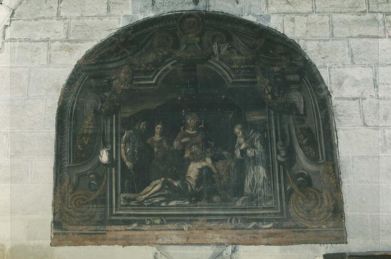 Tableau : Pietà avec un chartreux en prière (saint Bruno ?) et trois autres personnages en prière, cadre