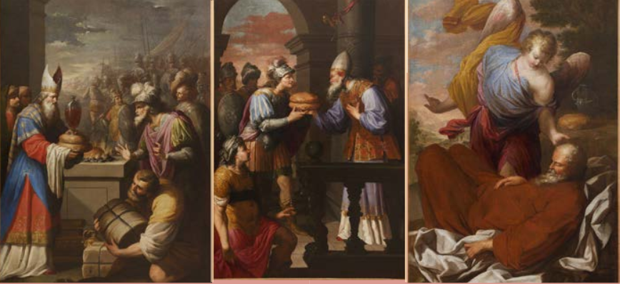 tableaux : David et Abimélech ou David et les pains de proposition, Élie secouru par l'ange, Rencontre d'Abraham et Melchisédech