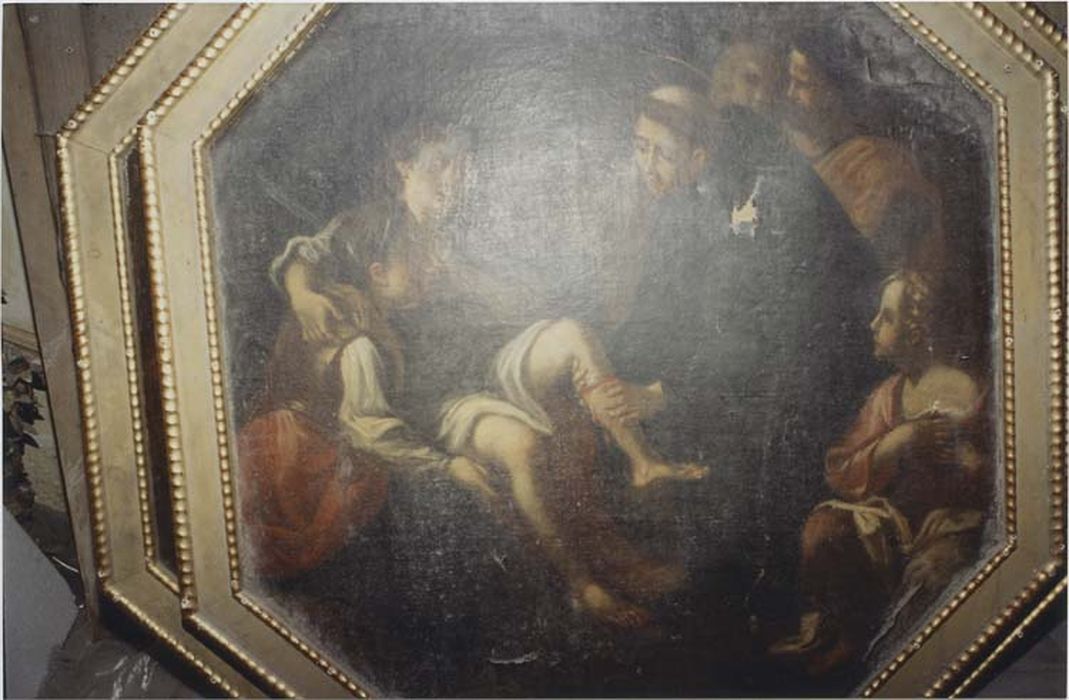 Tableau : Miracle de la jambe coupée ; ensemble de quatre tableaux représentant les miracles de saint Antoine de Padoue