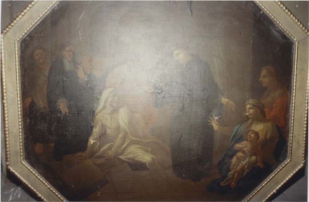 Tableau : Miracle de la jambe coupée ; ensemble de quatre tableaux représentant les miracles de saint Antoine de Padoue