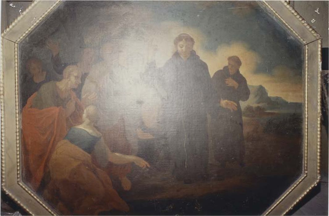 Tableau : Prédication aux poissons ; ensemble de quatre tableaux représentant les miracles de saint Antoine de Padoue