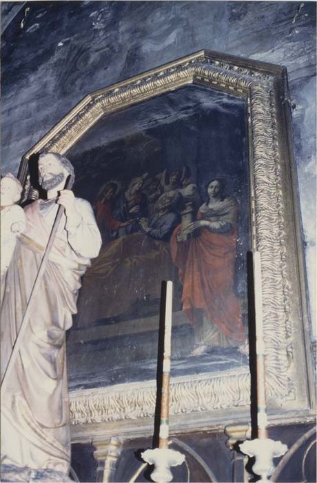 tableau : Mort de saint Joseph entre sainte Barbe et un autre saint