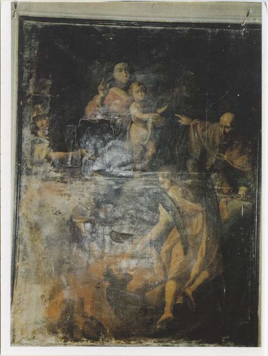 Tableau : Vierge à l'Enfant, entourée de saints, délivrant les âmes du Purgatoire