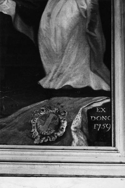 autel (maître-autel) et tableau : l' Adoration des Mages, détail de l'inscription et date : EX DONC 1759