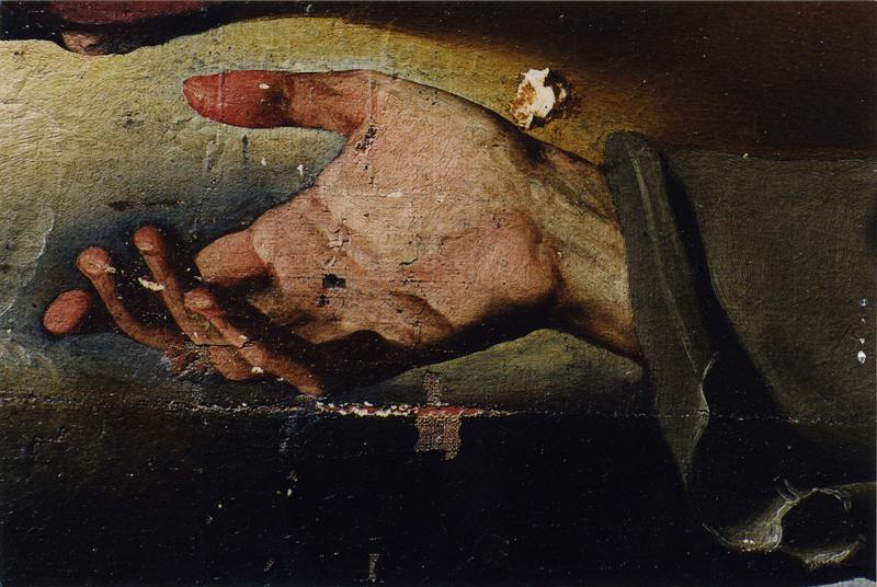 tableau : l'Enfant Jésus apparaissant à saint Antoine de Padoue, détail de la main du saint