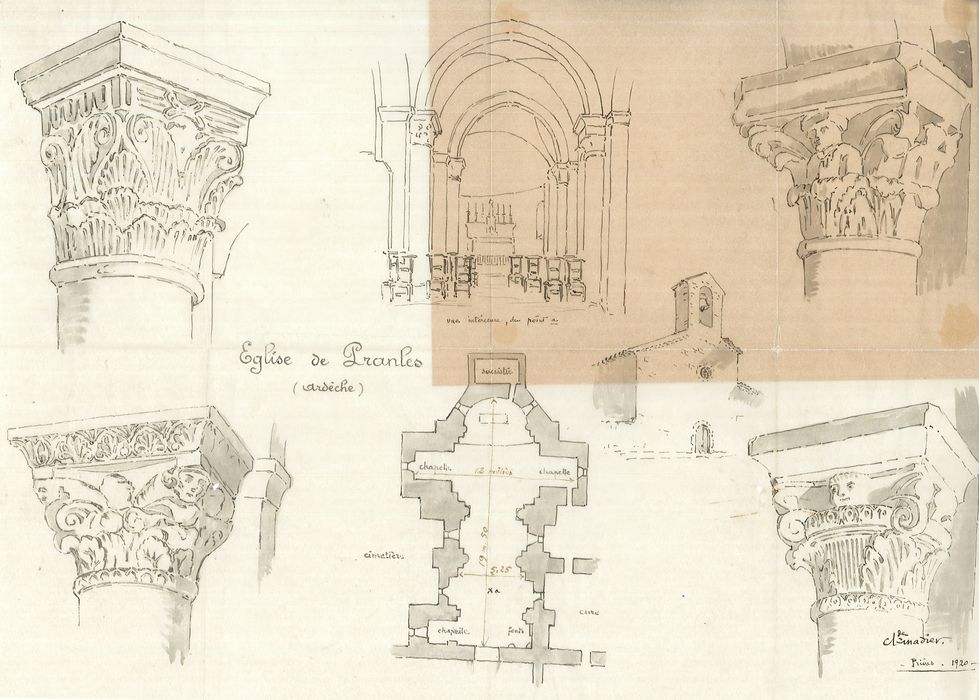 détails des chapiteaux, plan de l’église, vue générale de la nef