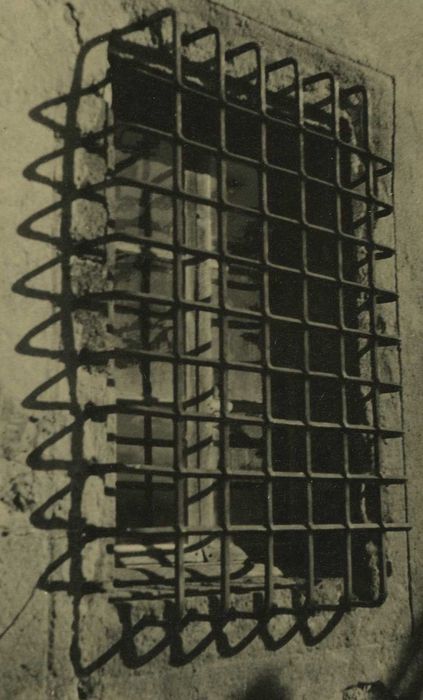 Ancienne abbaye de Doue : Façade ouest, détail d’une grille fermant une des baies