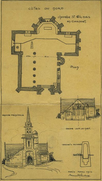 Chapelle Saint-Gildas : Plan, façade occidentale, coupe sur la nef, détail d’un cerceuil