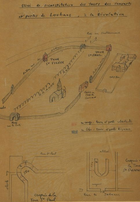 Tours Saint-Pierre et Saint-Paul : Plan, essai de reconstitution des tours et portes de Louhans à la Révolution