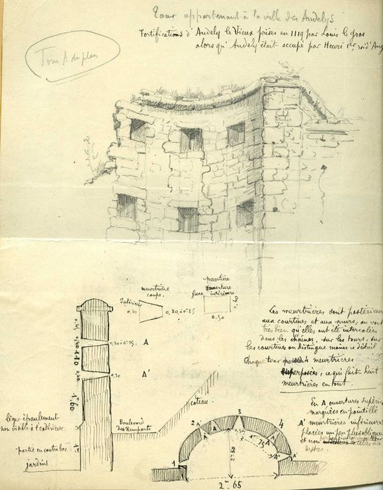 plan, détail de la maçonnerie d’une des tours ruinées (crayon et encre sur papier)