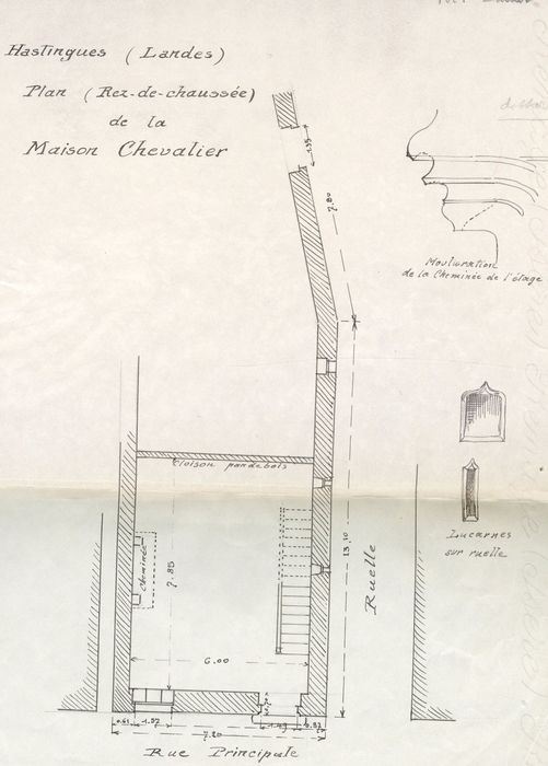 plan, coupe du profil de la cheminée du 1er étage, détail (dessin : encre sur papier)